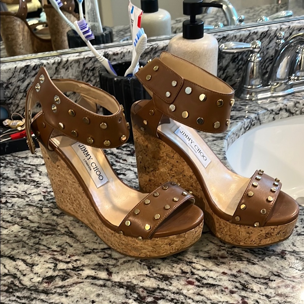 Jimmy Choo Brown Studded Wedge Sandals
